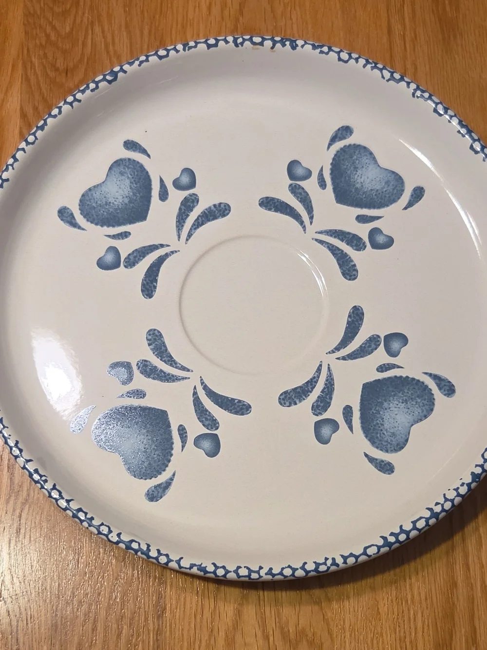 White Ceramic Heart Dip Bowl on Blue Floral Plate